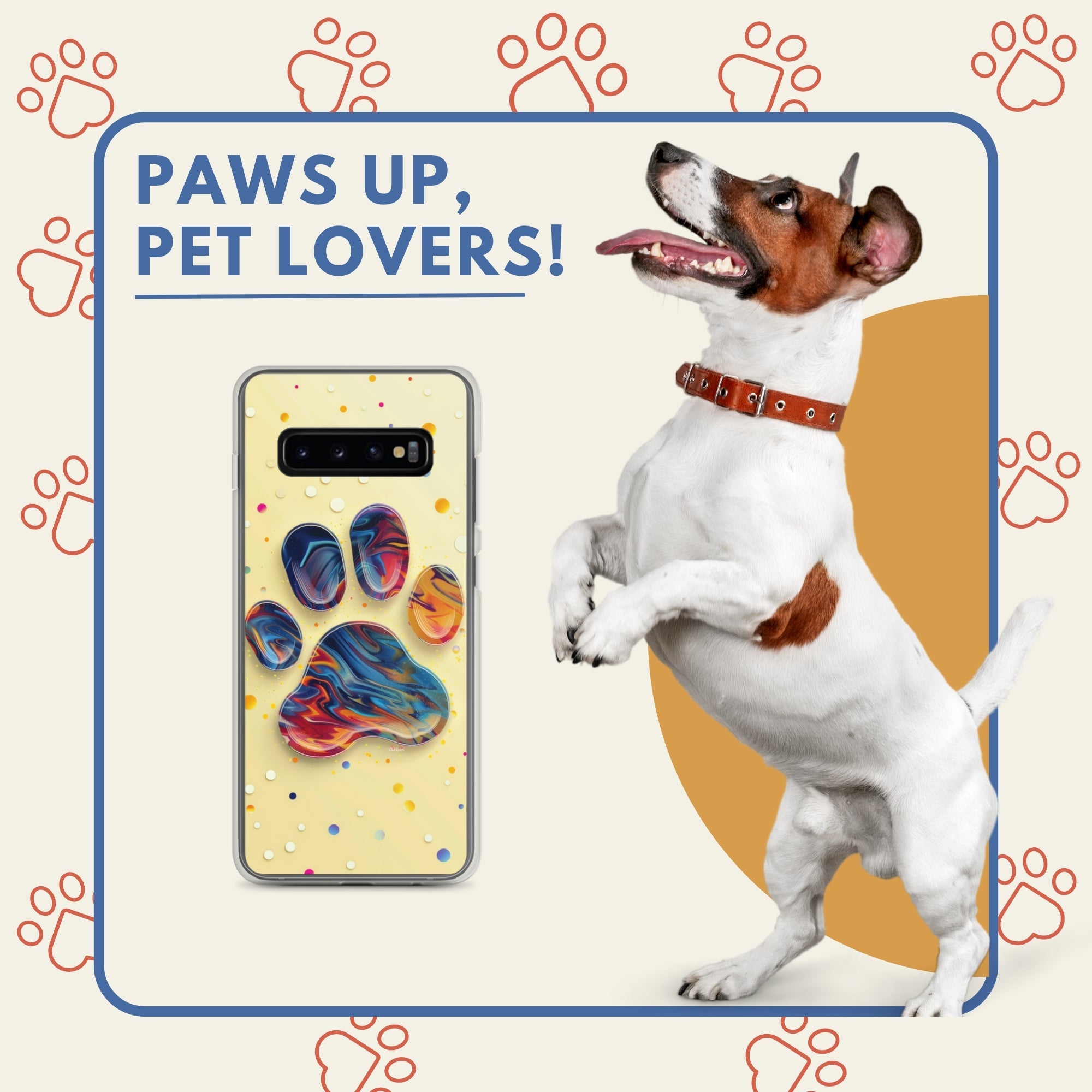 Promotional image featuring a Jack Russell Terrier and a phone case with a colorful paw print design, with the text "PAWS UP, PET LOVERS!"