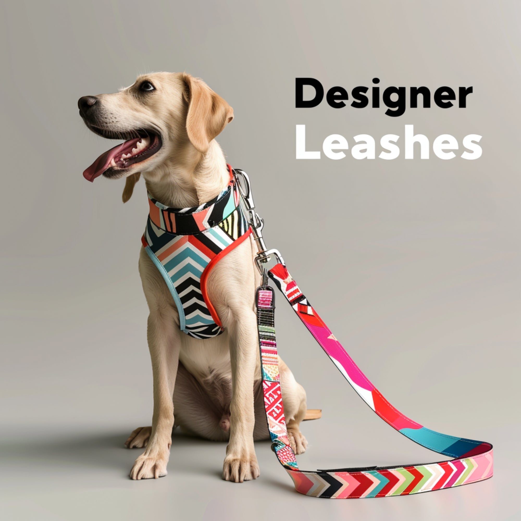 Banner for Designer Leashes with a colorful chevron pattern leash. A stylish yellow Labrador sits next to the leash on a grey background. 'Designer Leashes' is displayed in bold text at the top right.