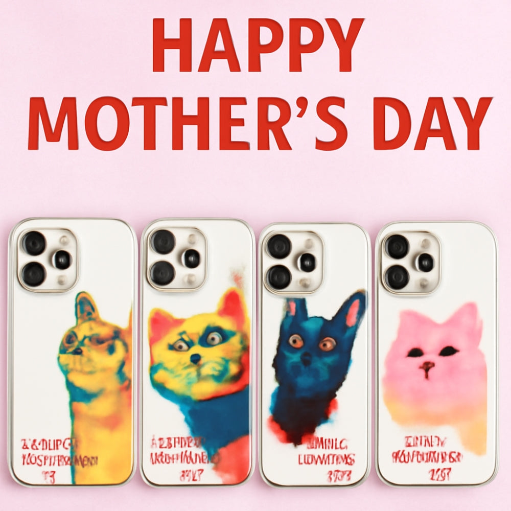 Four vibrant cat-themed iPhone cases for Mother’s Day with bold ‘Happy Mother’s Day’ text.
