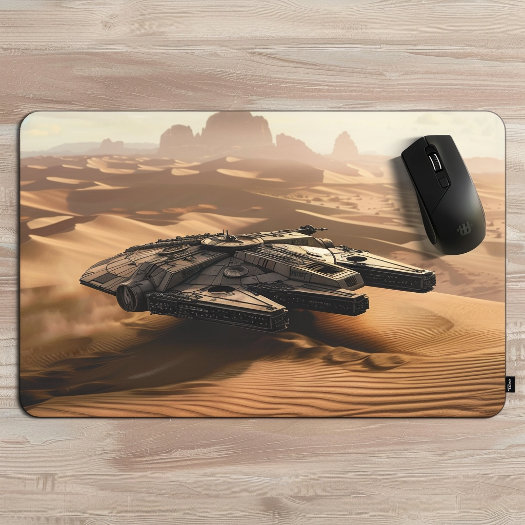 An artistic mousepad featuring a lone starship traversing the sweeping dunes of an alien desert, with shadows and highlights accentuating the curves and contours of the landscape.