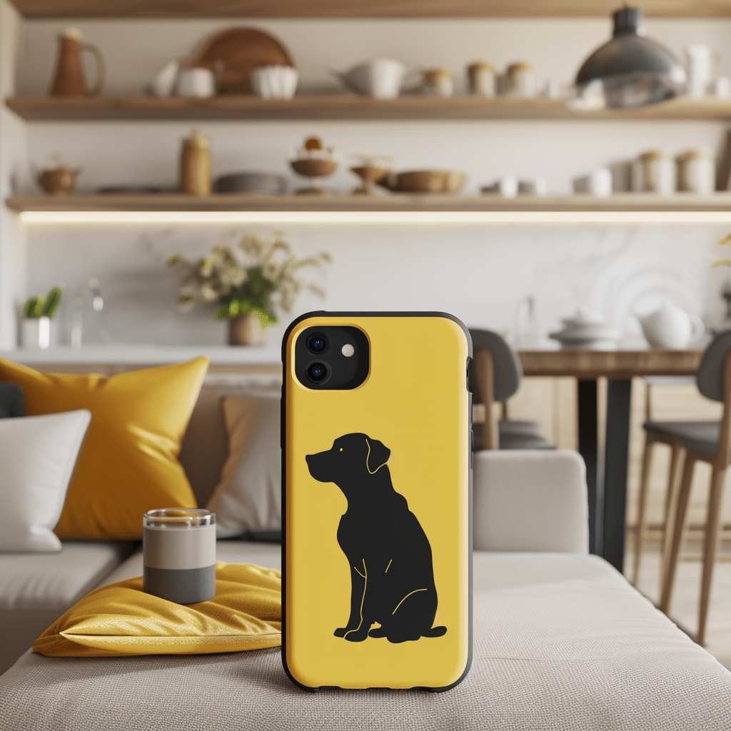 A single phone case from the 'Canine Name Collection' featuring a dog silhouette, set against a backdrop of a homely setting, depicting a comfortable and inviting atmosphere that resonates with everyday life and the love for dogs.