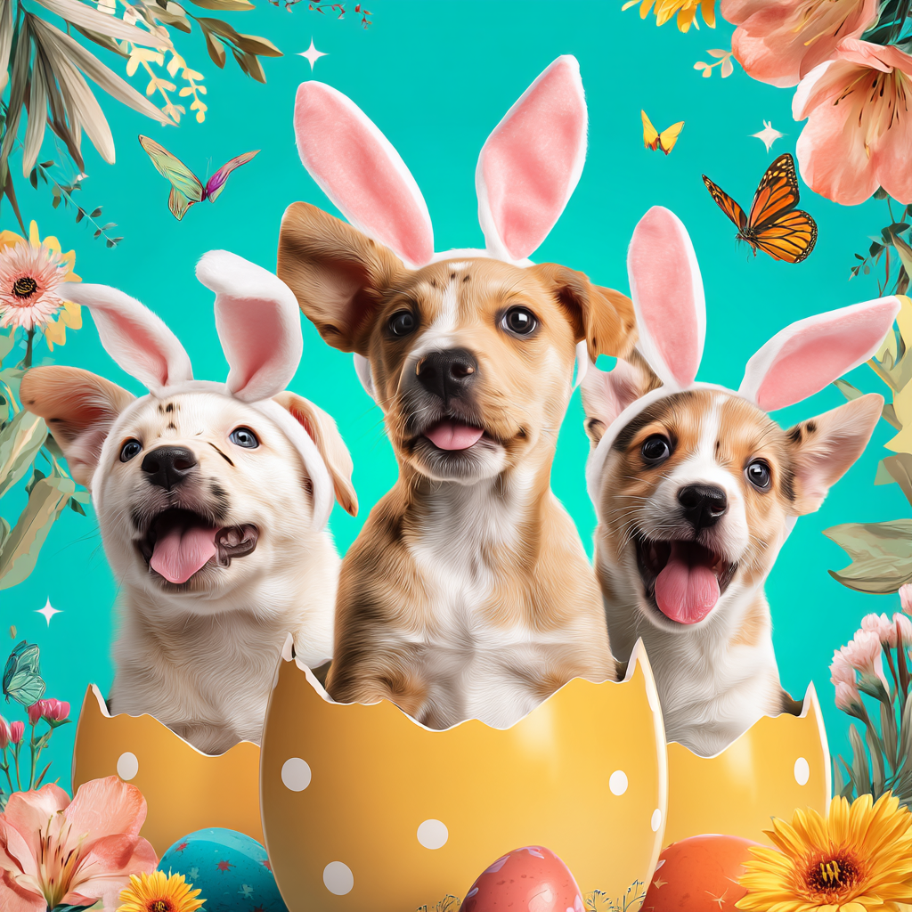 Three puppies wearing bunny ears sitting inside Easter eggs, surrounded by spring flowers.
